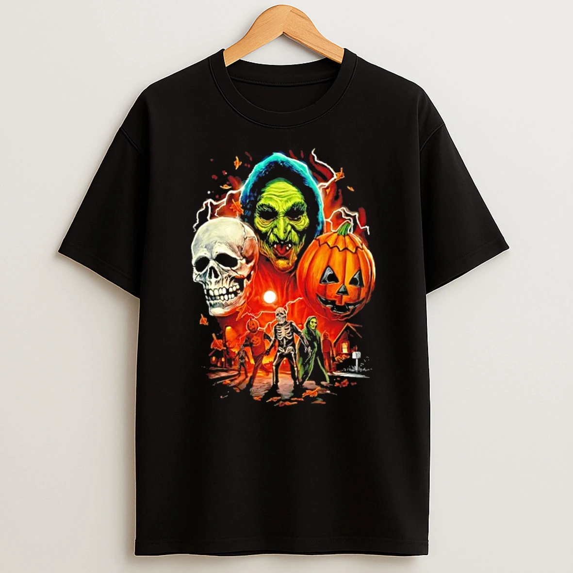 Classic Halloween Mischief Silver Skull And Pumpkin T Shirt