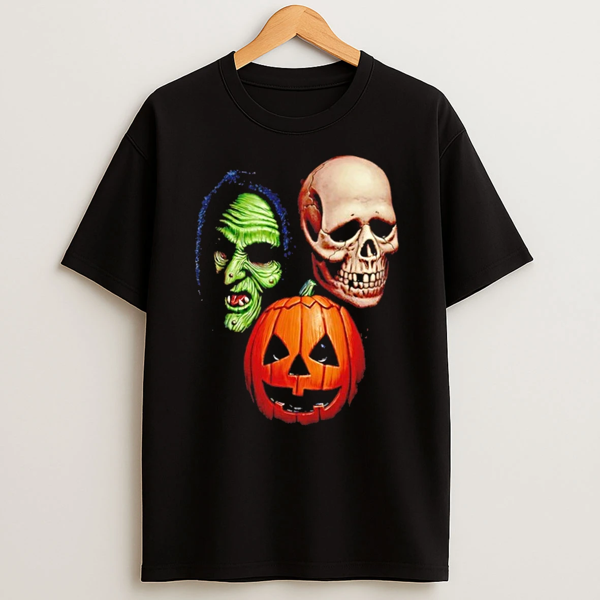 Classic Halloween Trio Masks Witch Skull And Pumpkin T Shirt