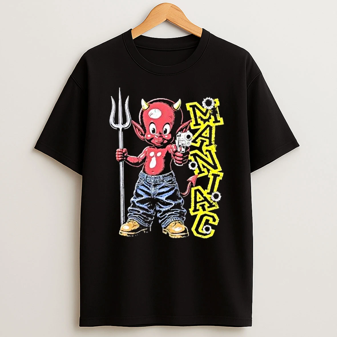 Hot Stuff Devil Holding Pitchfork And Gun Maniac T Shirt