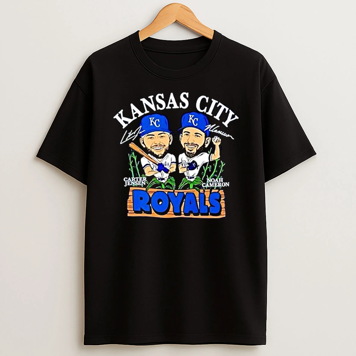 Kansas City Royals Mlb Carter Jensen Noah Cameron Cartoon Caricature Cornfield Wooden Sign T Shirt