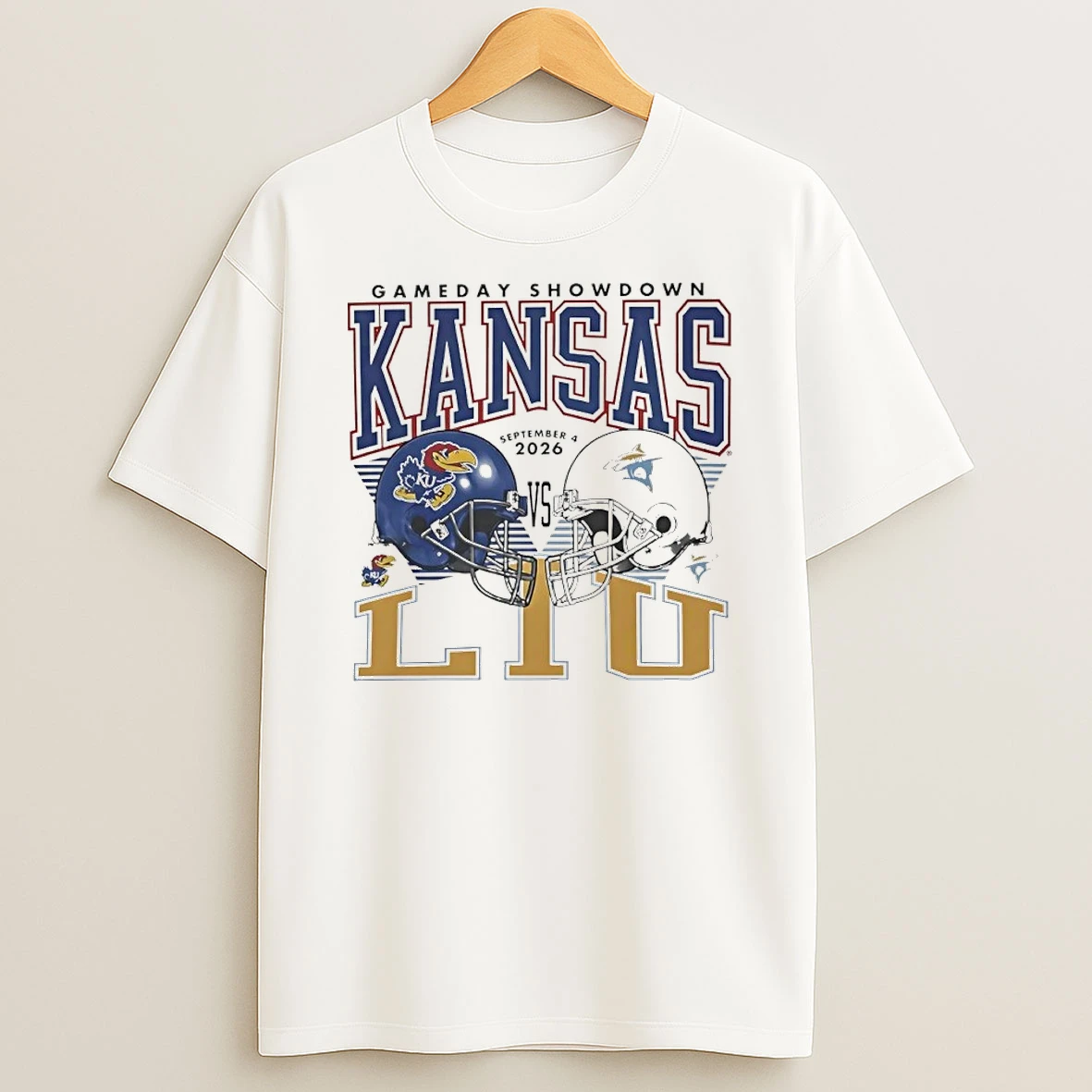 Kansas Jayhawks Vs Liu Sharks 2026 Gameday Showdown Helmet T Shirt