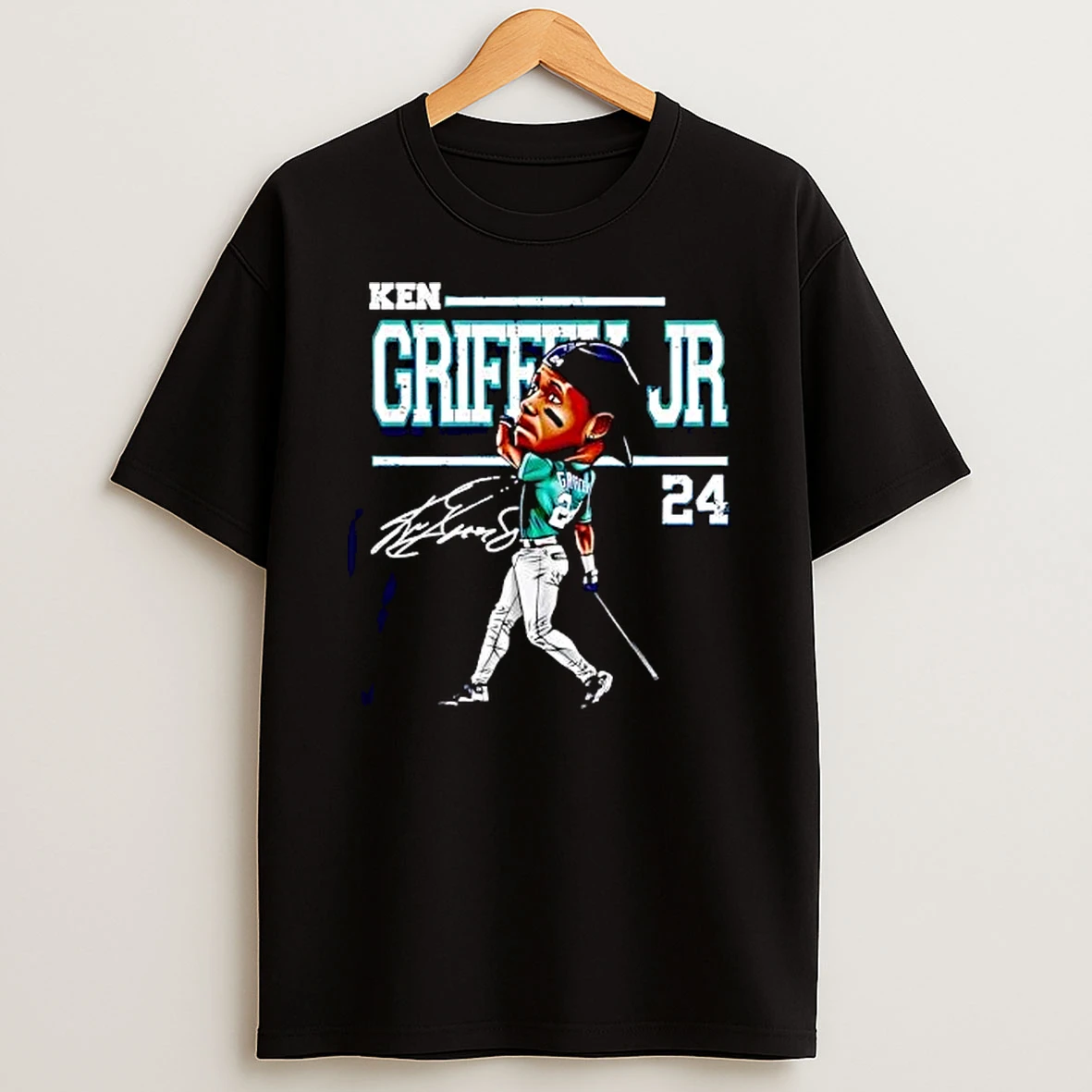 Ken Griffey Jr Autograph Caricature Swinging Bat Seattle Mariners T Shirt