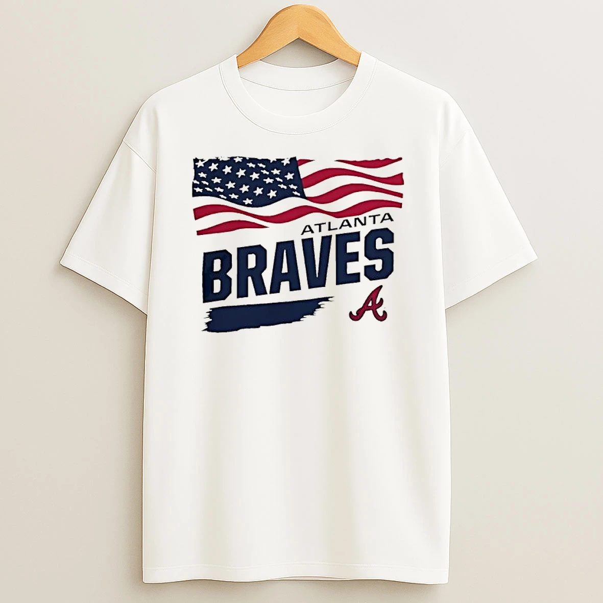 Officials Atlanta Braves Mlb Waving American Flag Brushstroke Script Letter A Logo T Shirt Sweatshirt