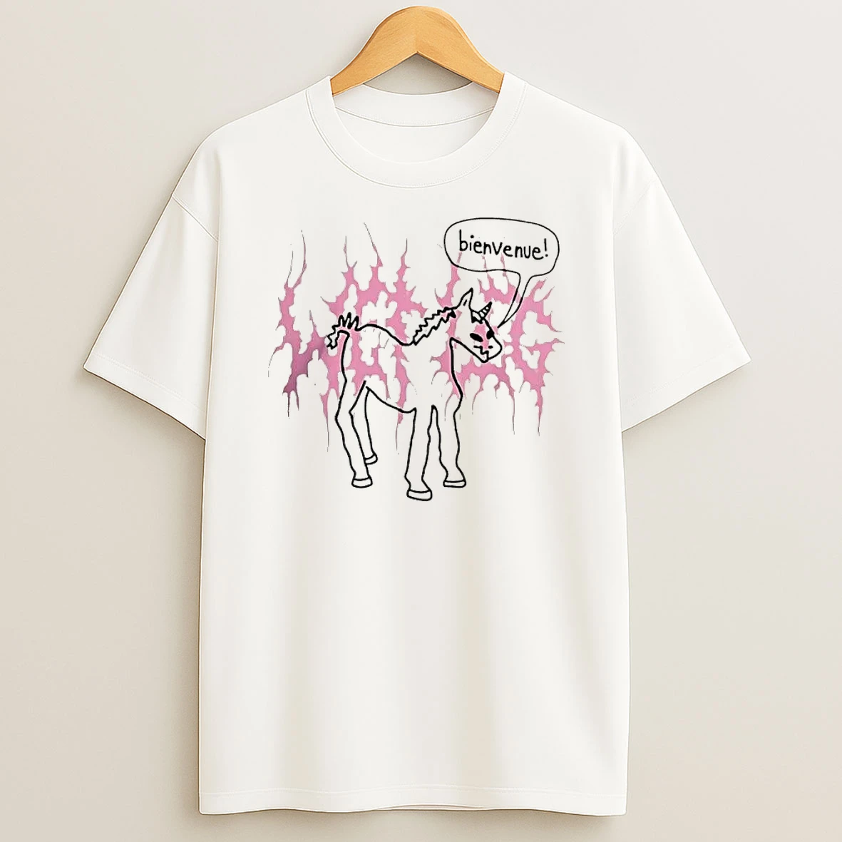 Officials Bienvenue Cartoon Horned Unicorn Spiky Pink Flames Background T Shirt Sweatshirt