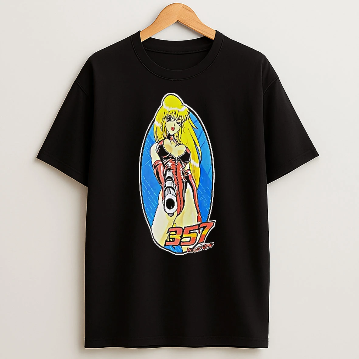 Officials Hook Ups 357 Cartoon Girl Blonde Hair Pointing Gun Blue Oval Frame Men T Shirt Sweatshirt