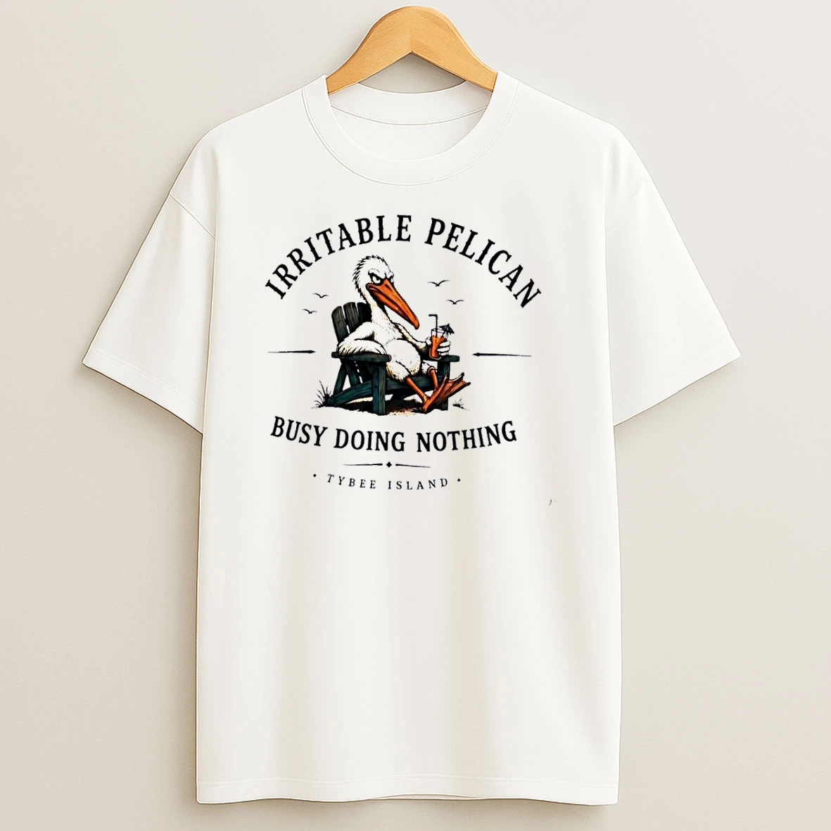 Officials Irritable Pelican Busy Doing Nothing Tybee Island Angry Cartoon Bird Beach Chair Cocktail White Womens T Shirt Sweatshirt