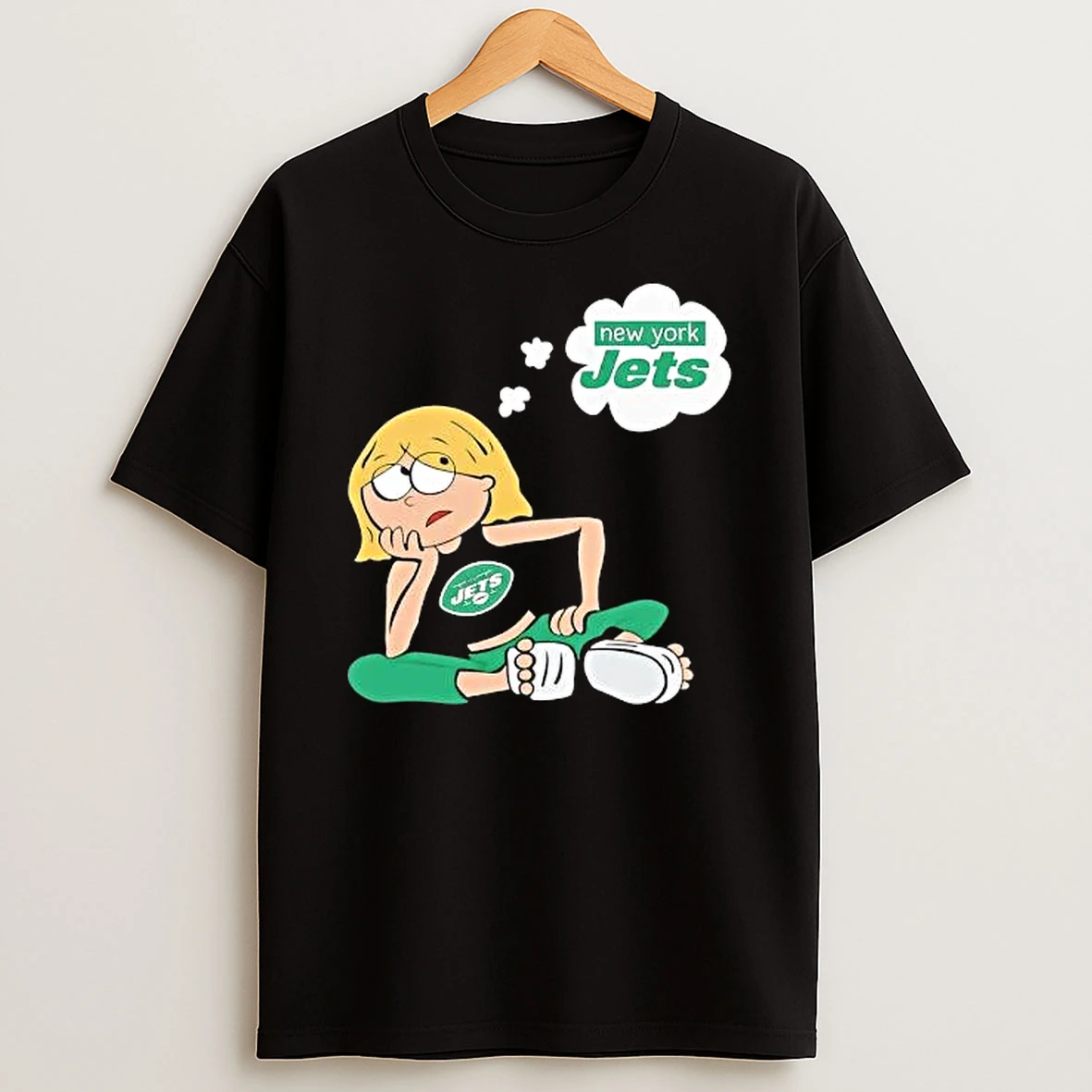 Officials New York Jets Nfl Cartoon Unhappy Blonde Girl Sitting Thinking Thought Bubble T Shirt Sweatshirt