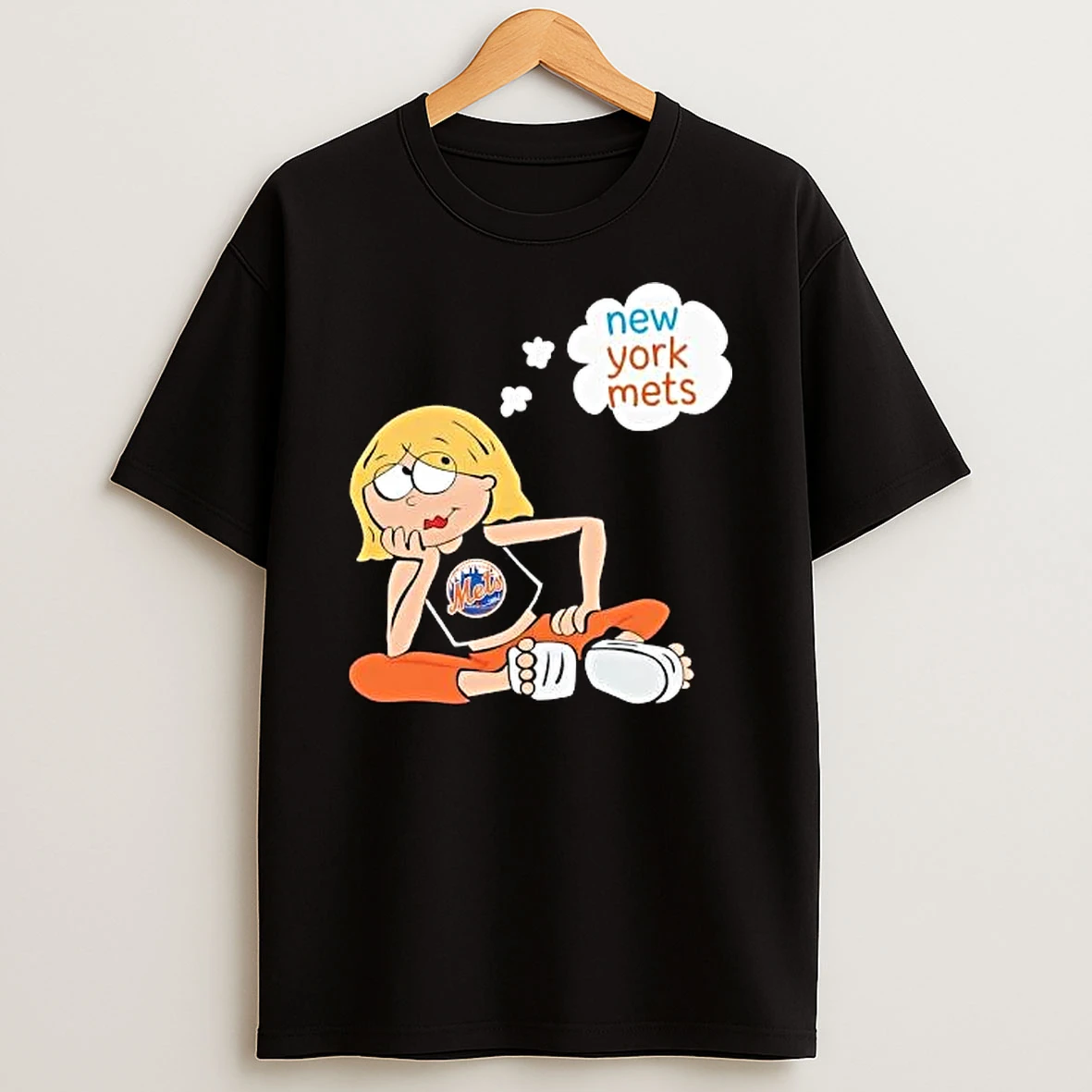 Officials New York Mets Mlb Cartoon Blonde Girl Sitting Daydreaming Thought Bubble T Shirt Sweatshirt