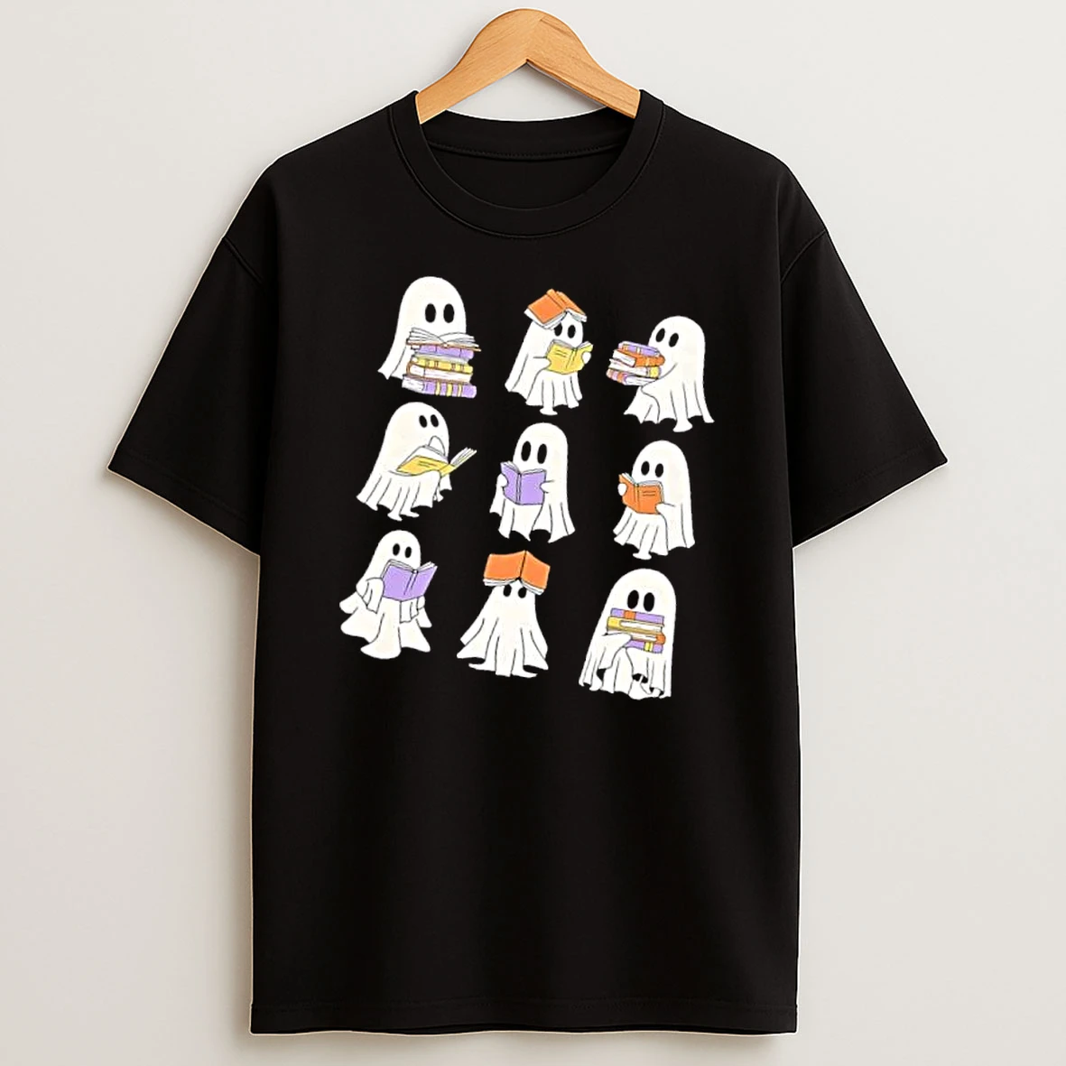 Officials Nine Cartoon Ghosts Reading And Holding Stacks Of Books Grid Mens T Shirt Sweatshirt