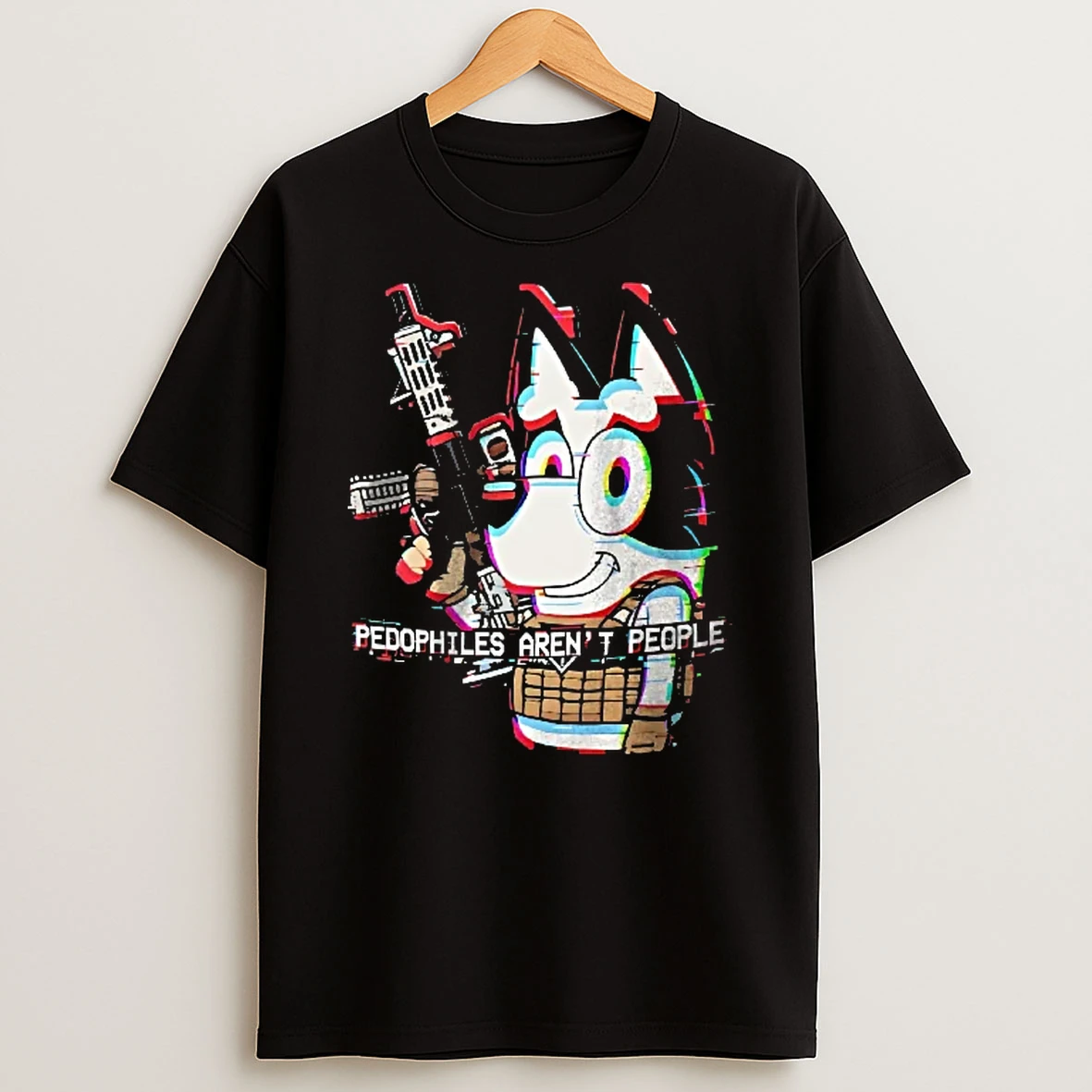 Officials Pedophiles Arent People Cartoon Dog Tactical Vest Assault Rifle Glitch Effect Youth T Shirt Sweatshirt