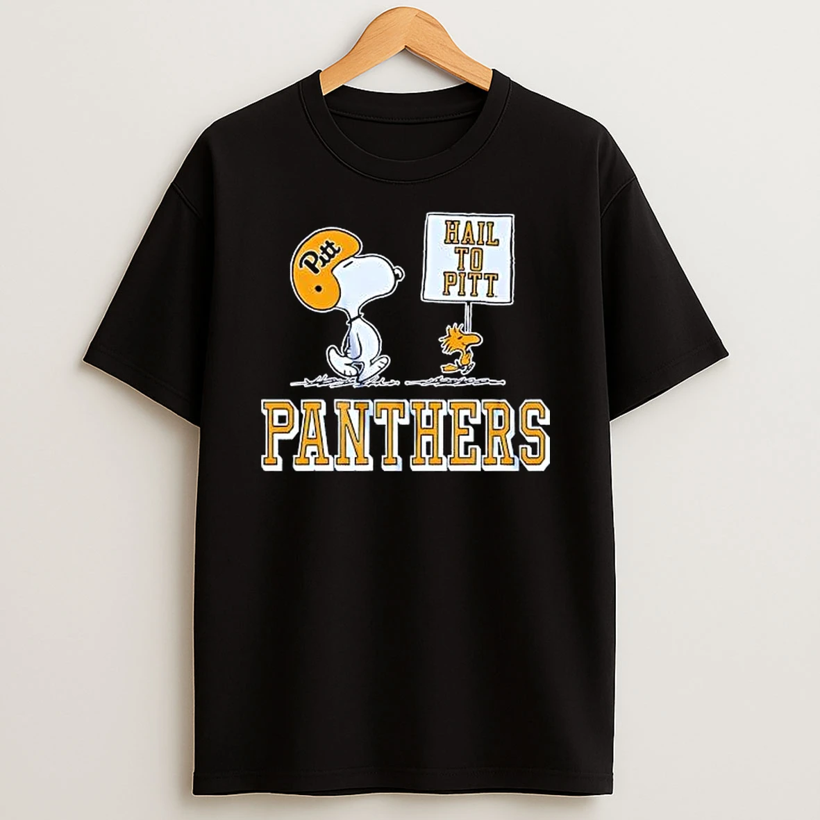 Officials Pittsburgh Panthers Ncaa Hail To Pitt Cartoon Snoopy Gold Helmet Woodstock Sign T Shirt Sweatshirt