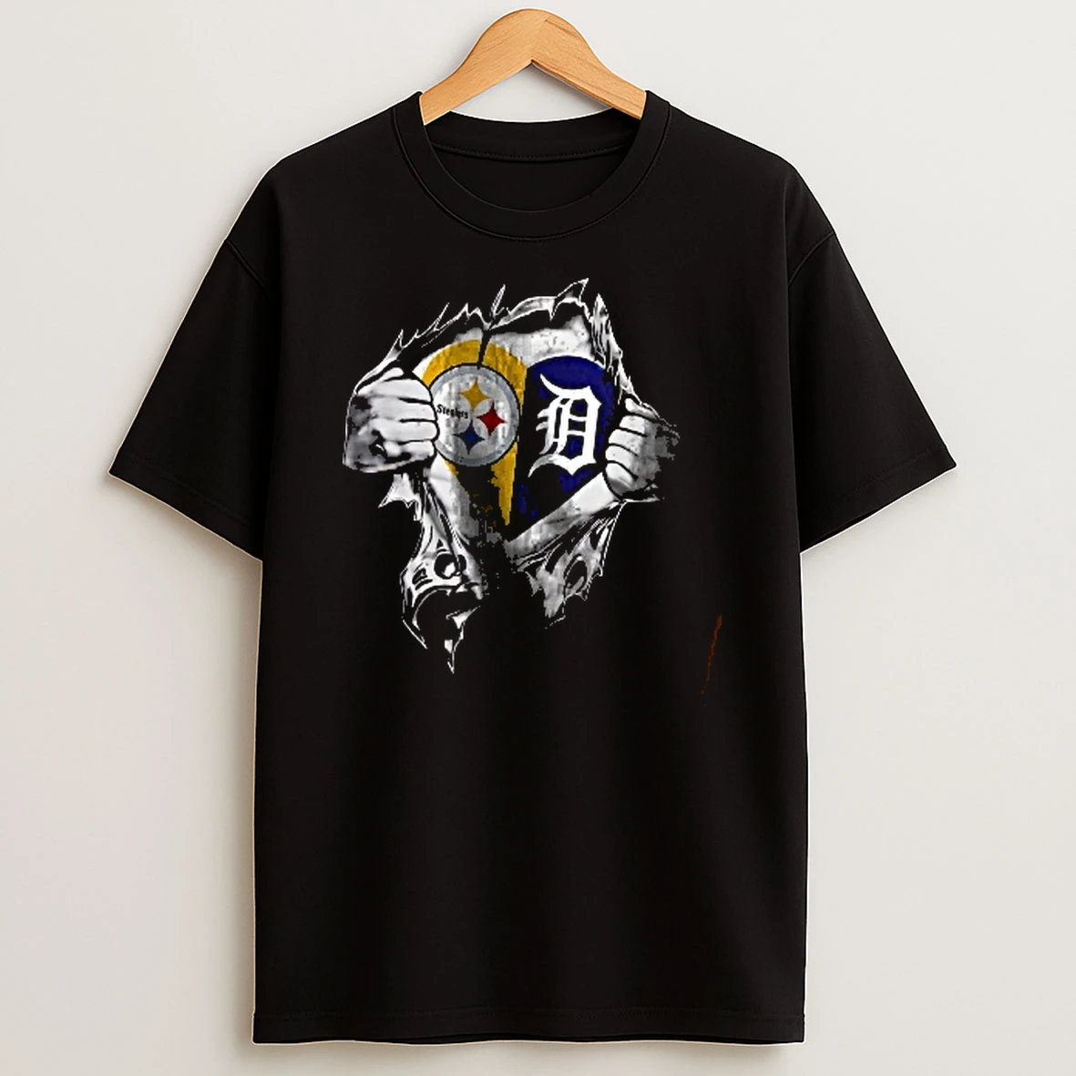 Officials Pittsburgh Steelers Nfl Detroit Tigers Mlb Hands Tearing Open Chest Split Heart Logo Men T Shirt Sweatshirt
