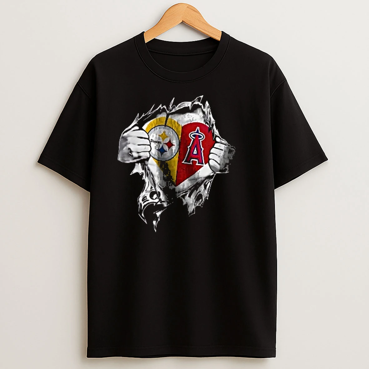 Officials Pittsburgh Steelers Nfl Los Angeles Angels Mlb Hands Ripping Open Chest Split Heart Men T Shirt Sweatshirt