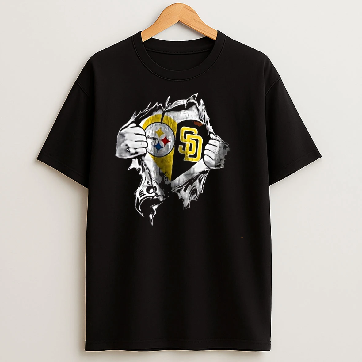 Officials Pittsburgh Steelers Nfl San Diego Padres Mlb Hands Ripping Open Chest Split Heart Logos Men T Shirt Sweatshirt