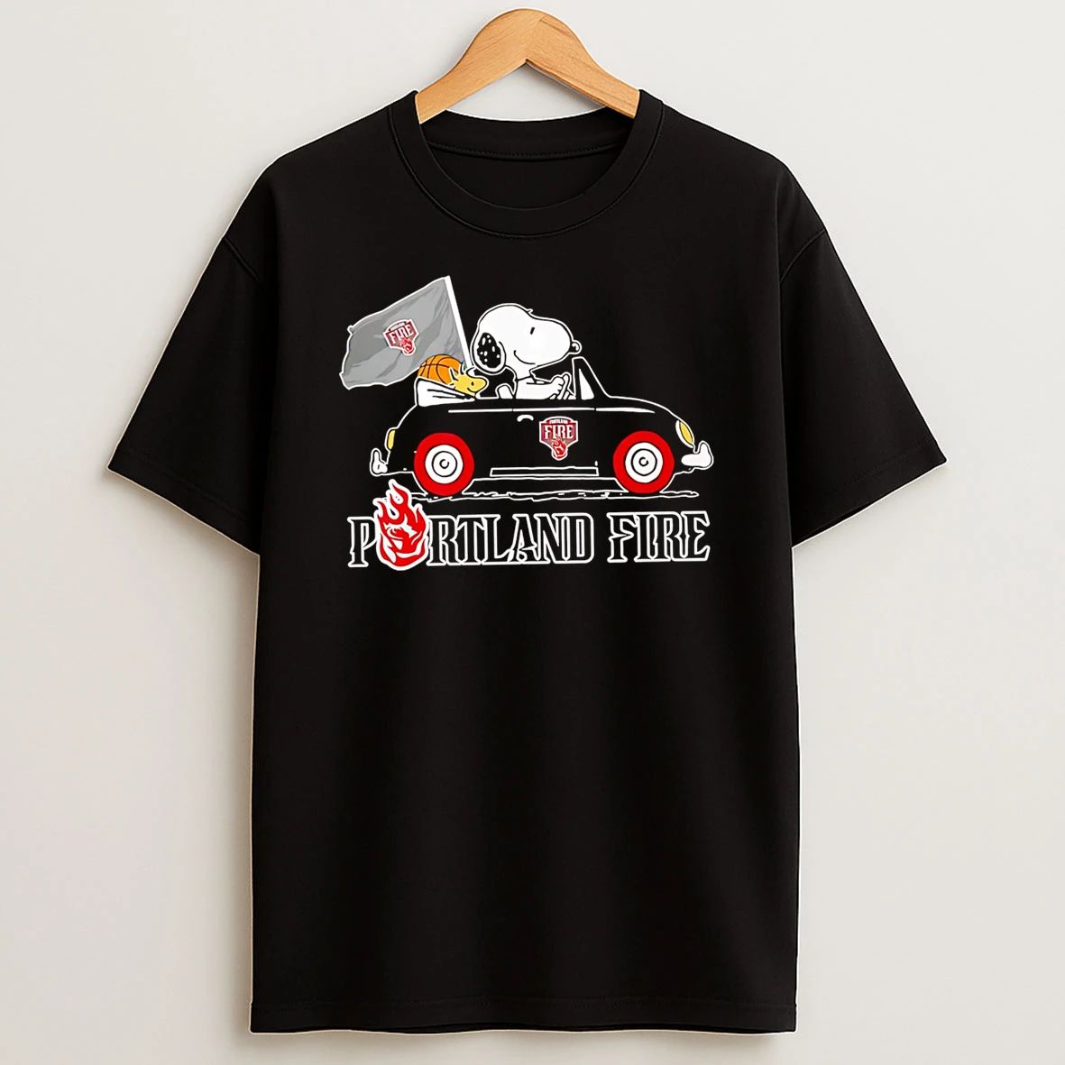 Officials Portland Fire Snoopy And Woodstock Driving A Car Graphic T Shirt Sweatshirt