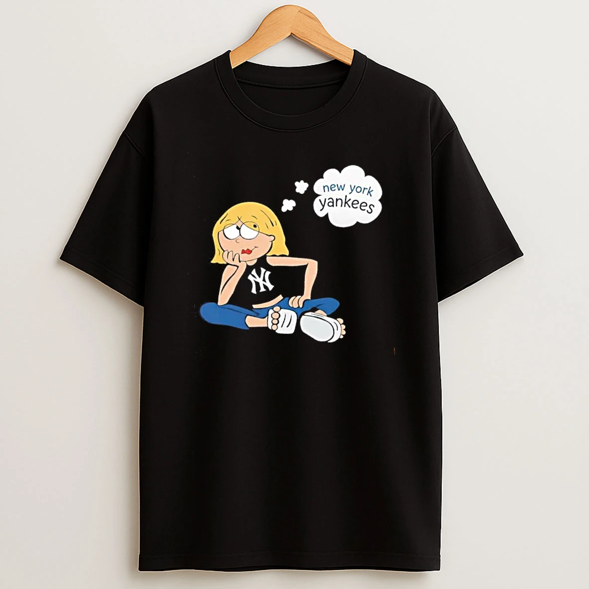 Officials Premium New York Yankees Mlb Cartoon Blonde Girl Thought Bubble Sitting Mens T Shirt Sweatshirt