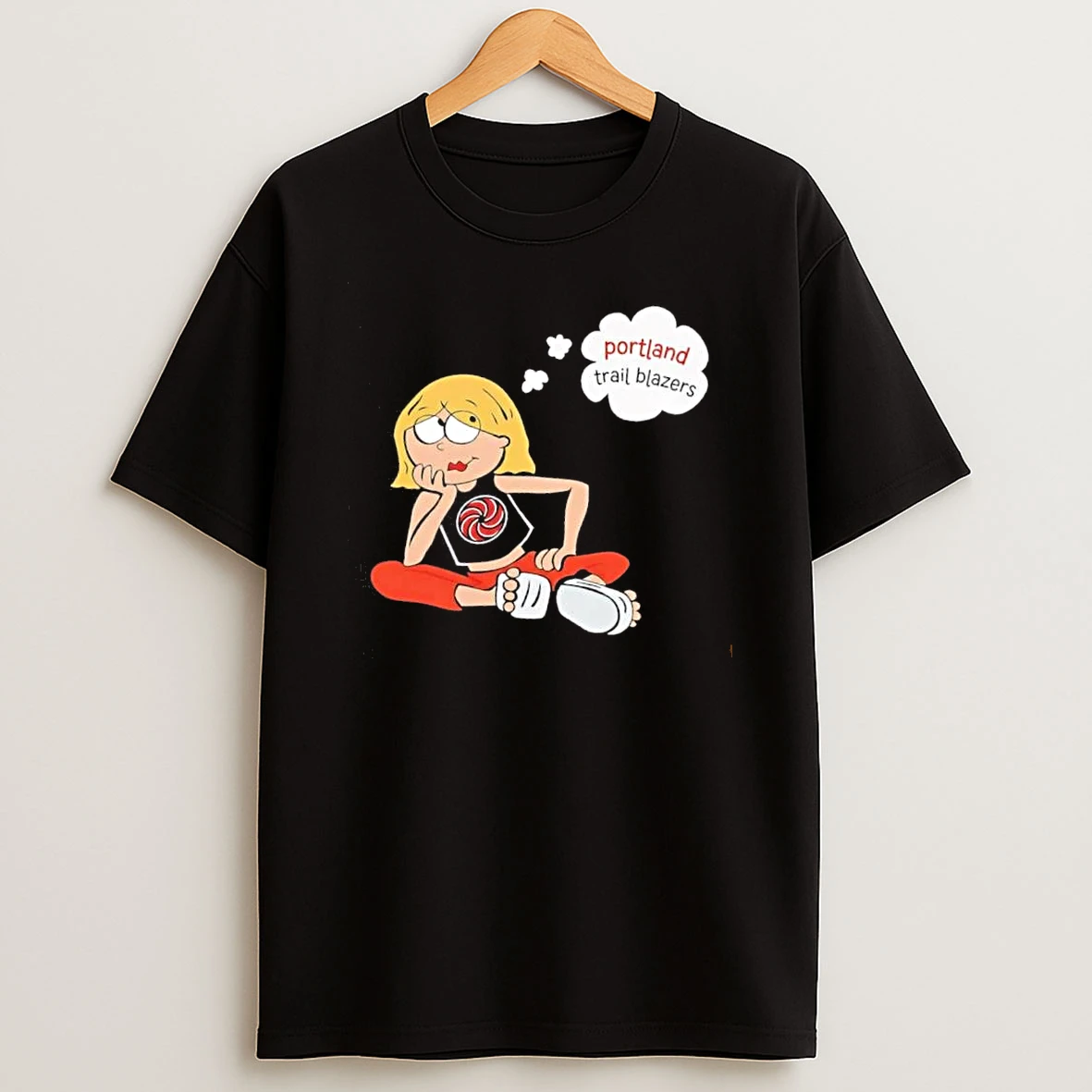 Officials Premium Portland Trail Blazers Nba Cartoon Blonde Girl Thought Bubble Sitting Pinwheel Logo Mens T Shirt Sweatshirt