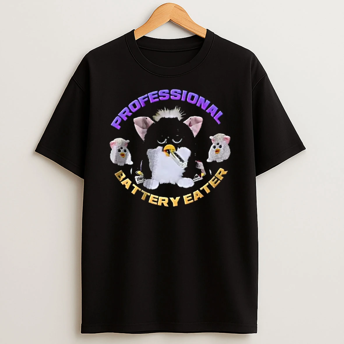 Officials Professional Battery Eater Black Furby Chewing Energizer Pack White Babies Youth T Shirt Sweatshirt