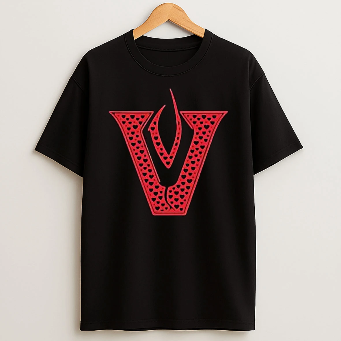 Officials Red Stylized Letter V Pattern Filled Small Hearts Flame Symbol T Shirt Sweatshirt