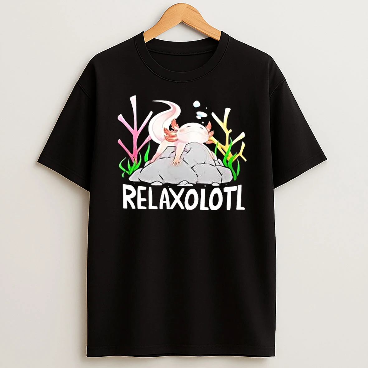 Officials Relaxolotl Cute Cartoon Pink Axolotl Resting On Rock Coral Plants T Shirt Sweatshirt