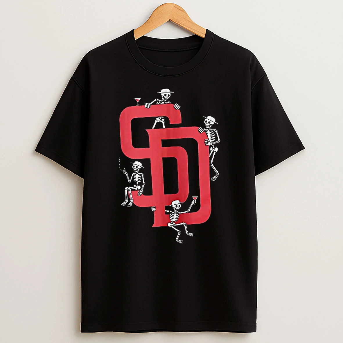 Officials San Diego Padres Mlb Skeletons Drinking Cocktails Red Sd Logo T Shirt Sweatshirt
