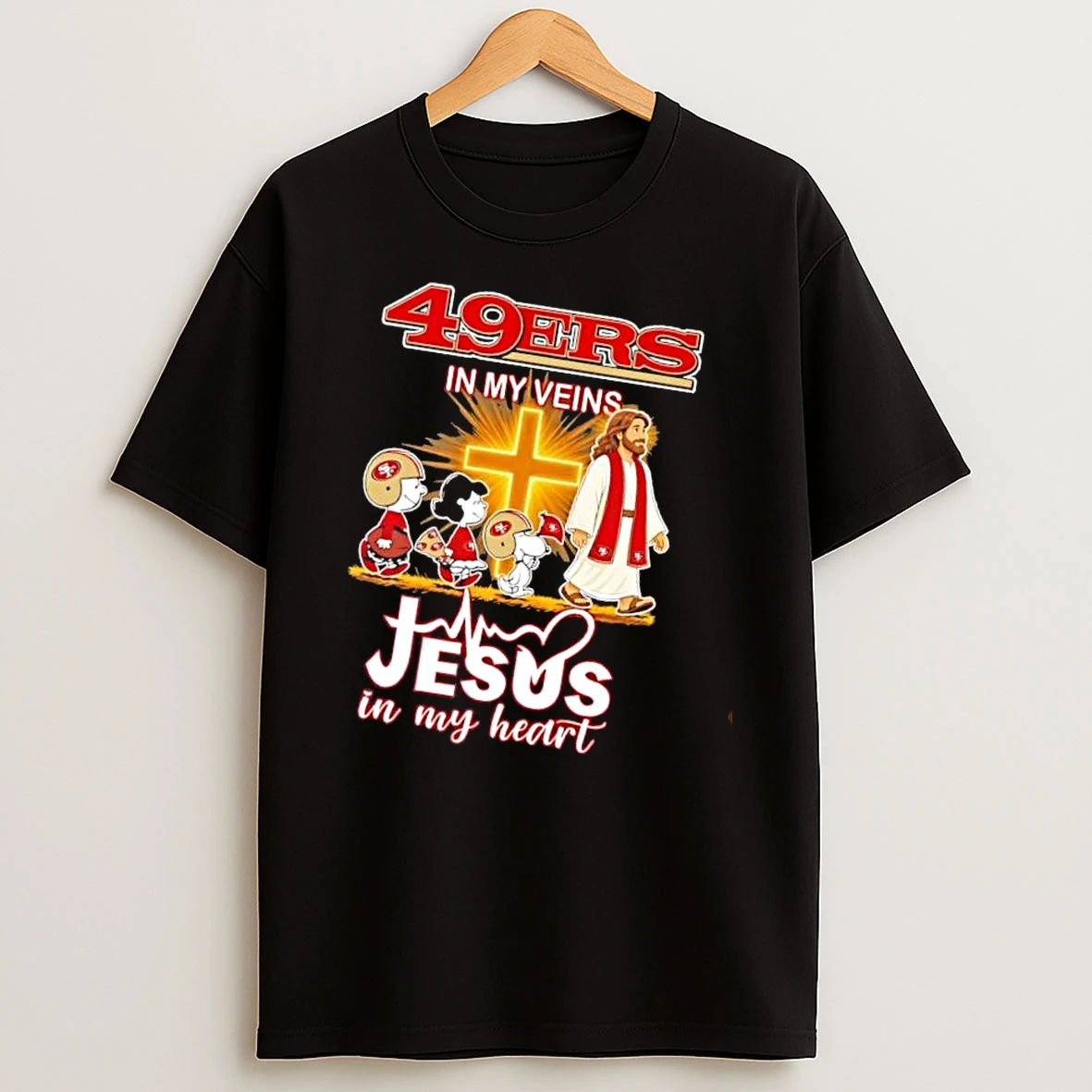 Officials San Francisco 49ers Nfl In My Veins Jesus Heart Peanuts Snoopy Walking With Cross Mens T Shirt Sweatshirt