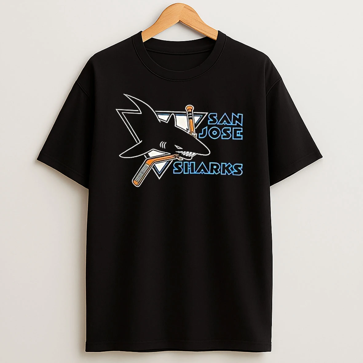 Officials San Jose Sharks Nhl Black Shark Biting Hockey Stick Triangle Premium T Shirt Sweatshirt Hoodie