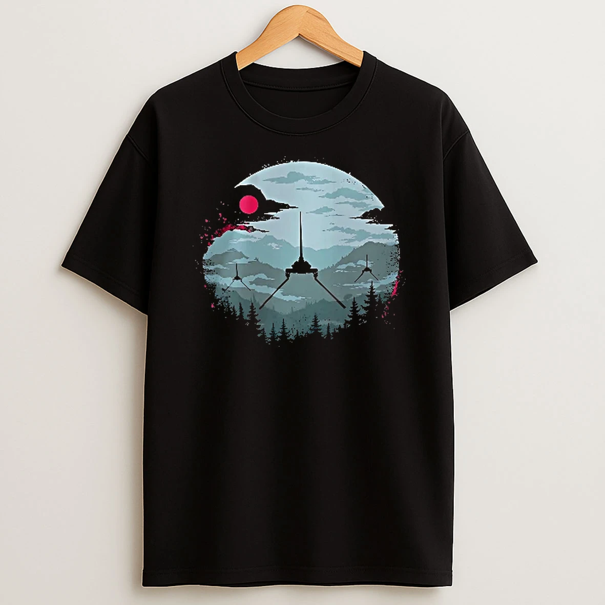Officials Sci Fi Spaceships Silhouette Flying Forest Mountain Circular Moon Distressed Youth T Shirt Sweatshirt