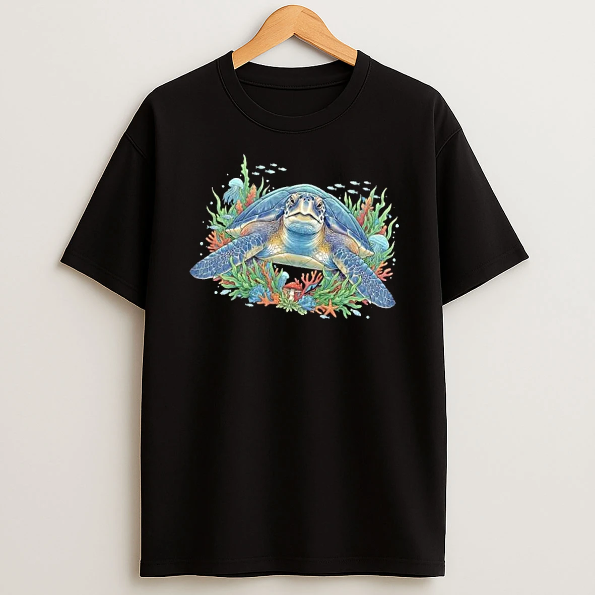 Officials Sea Turtle Swimming Underwater Coral Reef Red Mushroom Starfish Mens T Shirt Sweatshirt