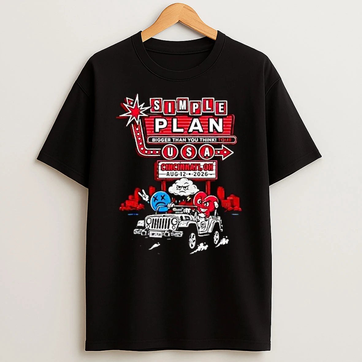 Officials Simple Plan Bigger Than You Think Tour Usa Cincinnati Oh Aug 12 2026 Cartoon Characters Driving Jeep Neon Sign T Shirt Sweatshirt