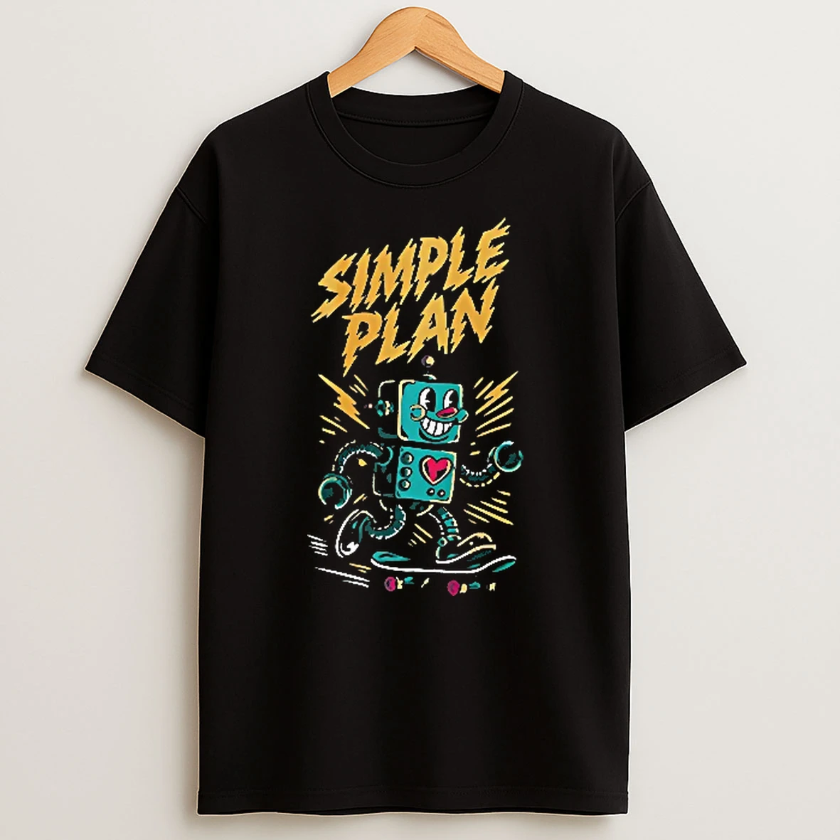 Officials Simple Plan Retro Cartoon Robot Riding Skateboard Lightning Youth T Shirt Sweatshirt