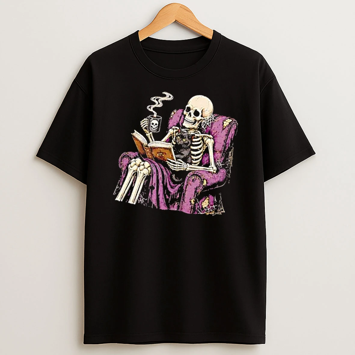 Officials Skeleton Reading Old Book Purple Armchair Black Cat Steaming Mens T Shirt Sweatshirt