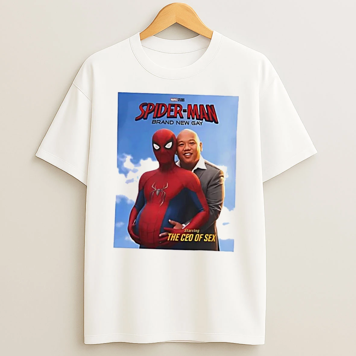 Officials Spider Man Brand New Gay Starring The Ceo Of Sex Pregnant Hero Hugged By Ned Leeds Parody White Womens T Shirt Sweatshirt