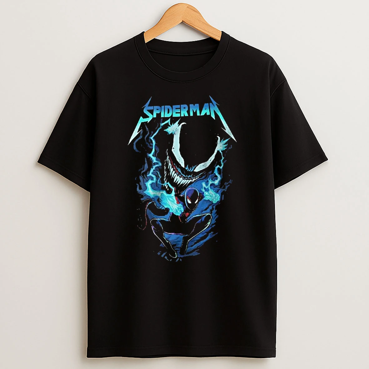 Officials Spiderman Miles Morales Charging Cyan Lightning Fanged Venom Youth T Shirt Sweatshirt