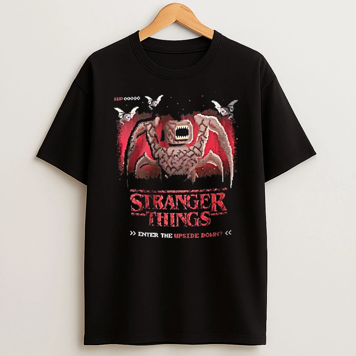Officials Stranger Things 1up 00000 Enter The Upside Down Pixel Art Monster Flying Bats Red Arcade Youth T Shirt Sweatshirt