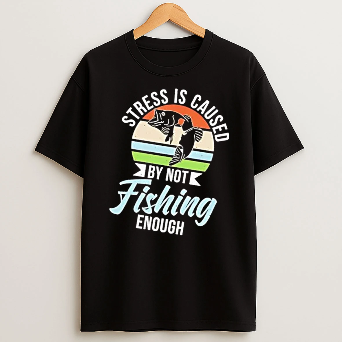 Officials Stress Is Caused By Not Fishing Enough Retro Sunset Striped Circle Jumping Bass Silhouette Mens T Shirt Sweatshirt