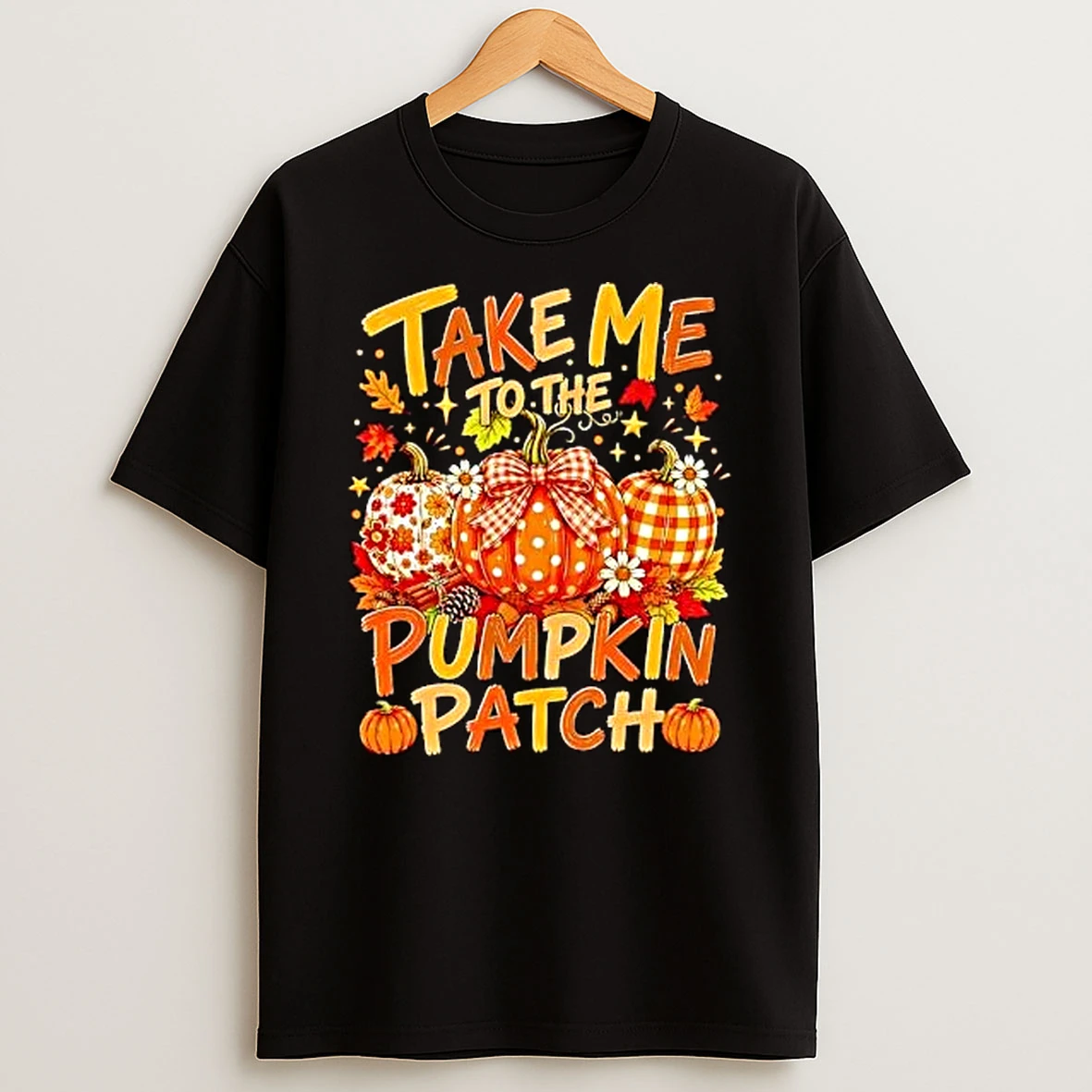 Officials Take Me To The Pumpkin Patch Patterned Gingham Bow Autumn Leaves Premium T Shirt Sweatshirt Hoodie