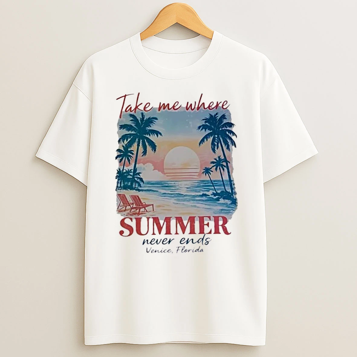 Officials Take Me Where Summer Never Ends Venice Florida Palm Trees Beach Chairs Sunset Watercolor White Womens T Shirt Sweatshirt