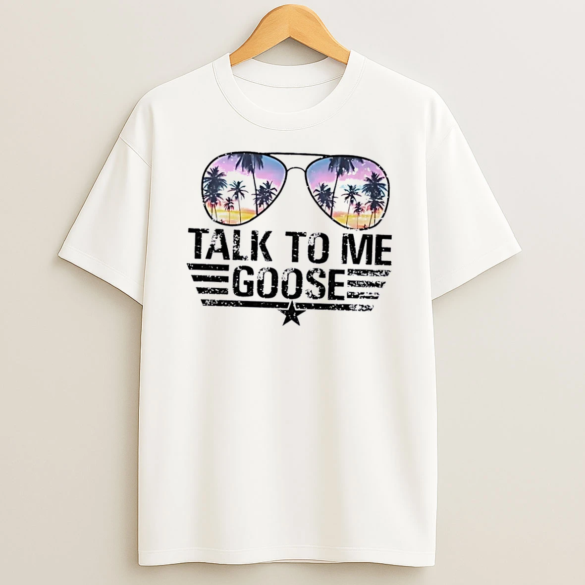 Officials Talk To Me Goose Distressed Aviator Sunglasses Tropical Palm Trees Sunset Reflection Wings Star White Womens T Shirt Sweatshirt