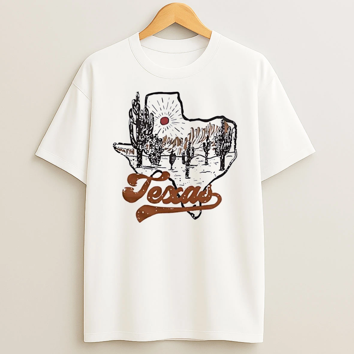 Officials Texas State Silhouette Desert Scene Cacti Sun Rays Line Art White Womens T Shirt Sweatshirt