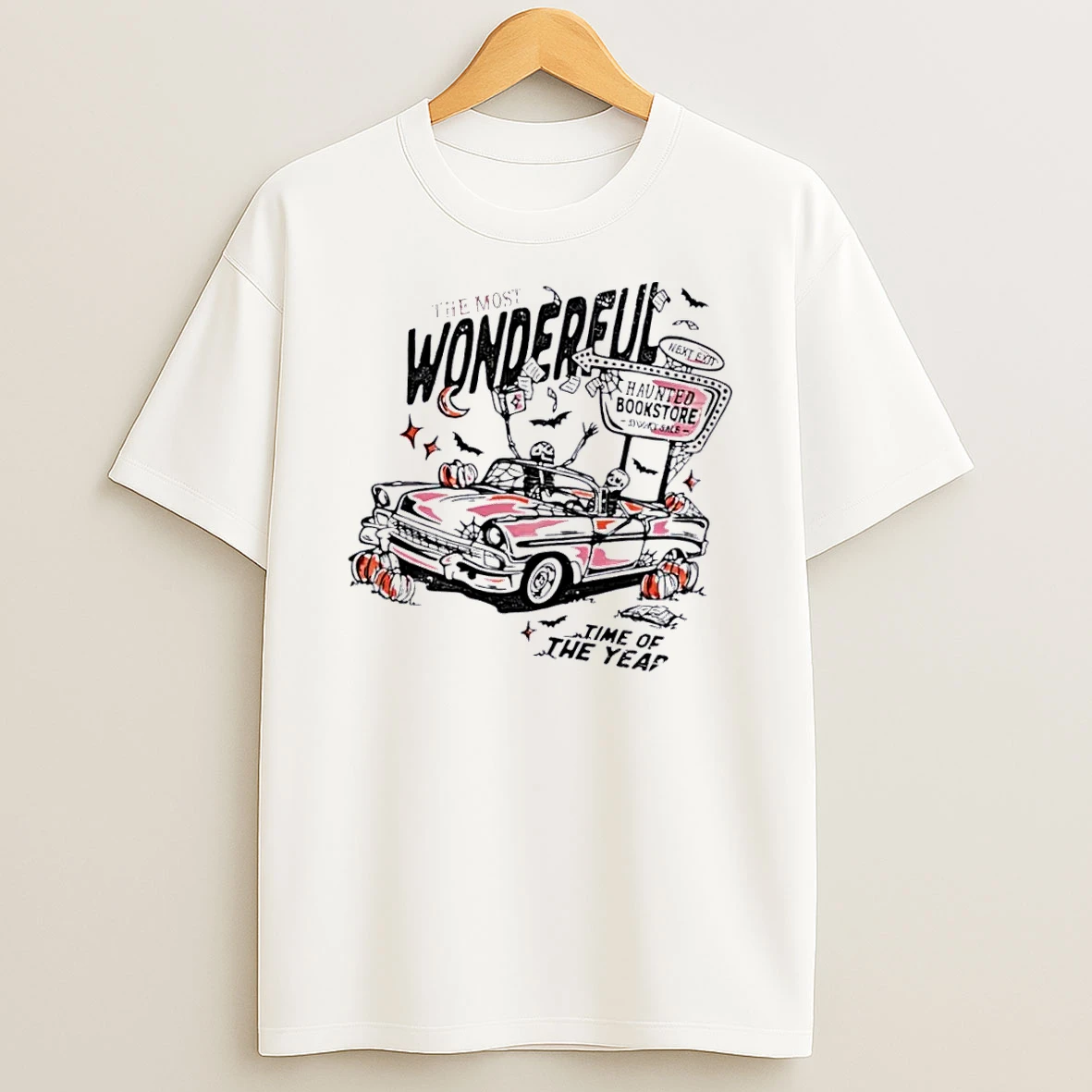 Officials The Most Wonderful Haunted Bookstore Next Exit Spooky Sale Time Of Year Skeleton Convertible Pumpkins White Womens T Shirt Sweatshirt
