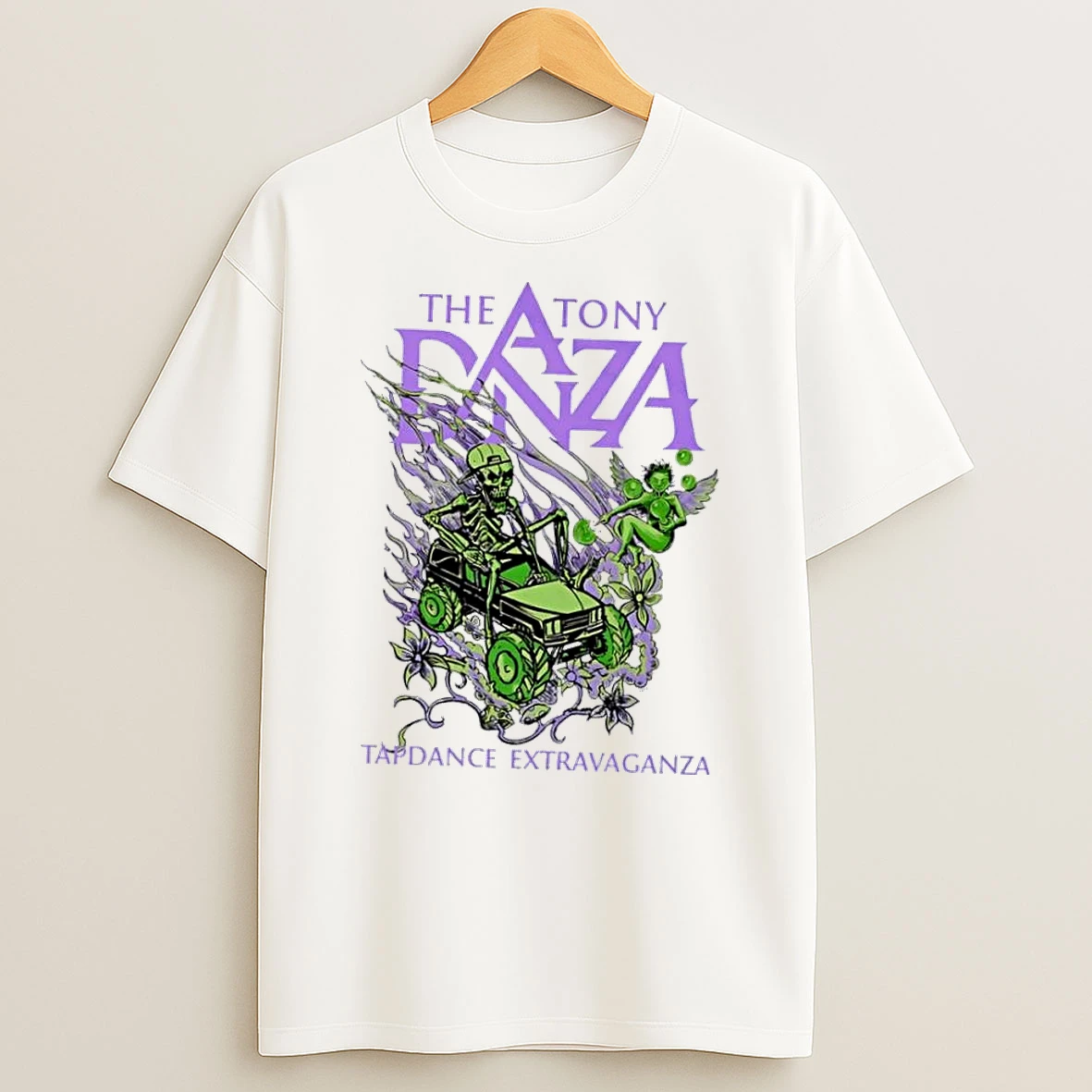Officials The Tony Danza Tapdance Extravaganza Green Skeleton Driving Monster Truck Purple Flames White Womens Premium T Shirt Sweatshirt Hoodie