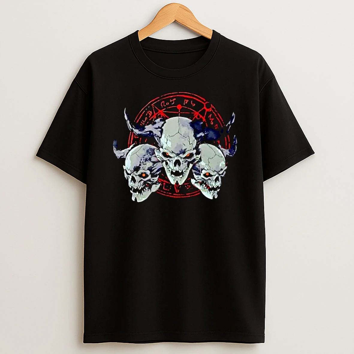 Officials Three Horned Demon Skulls Glowing Eyes Red Pentagram Alchemy Circle Premium T Shirt Sweatshirt Hoodie