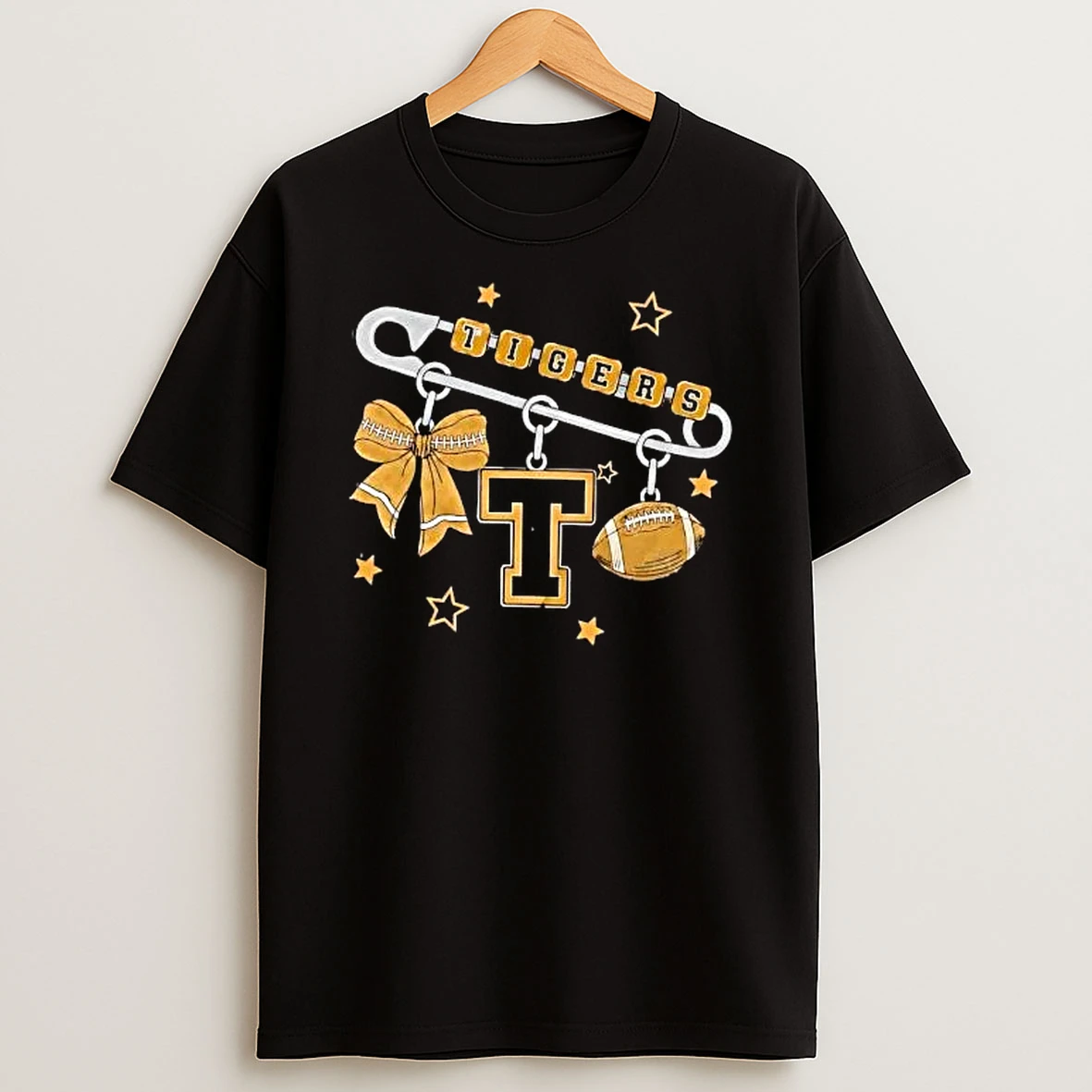 Officials Tigers Safety Pin Cheer Bow Varsity Letter T Football Charms Stars Premium T Shirt Sweatshirt Hoodie