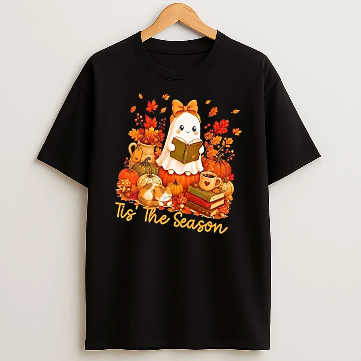 Officials Tis The Season Cute Ghost Reading Book Pumpkin Sleeping Cat Leaves Mens T Shirt Sweatshirt