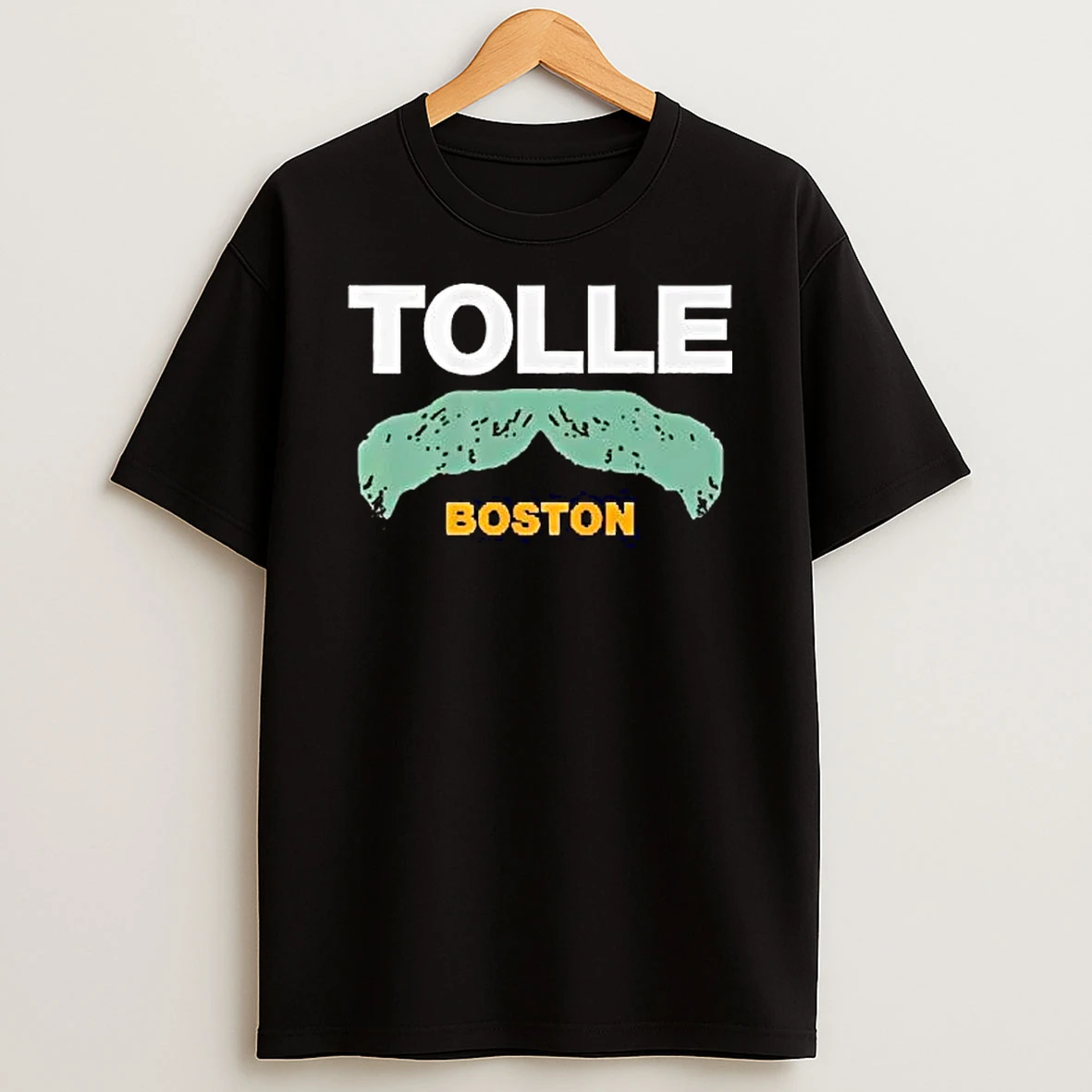 Officials Tolle Boston White And Yellow Text Distressed Green Mustache Graphic T Shirt Sweatshirt