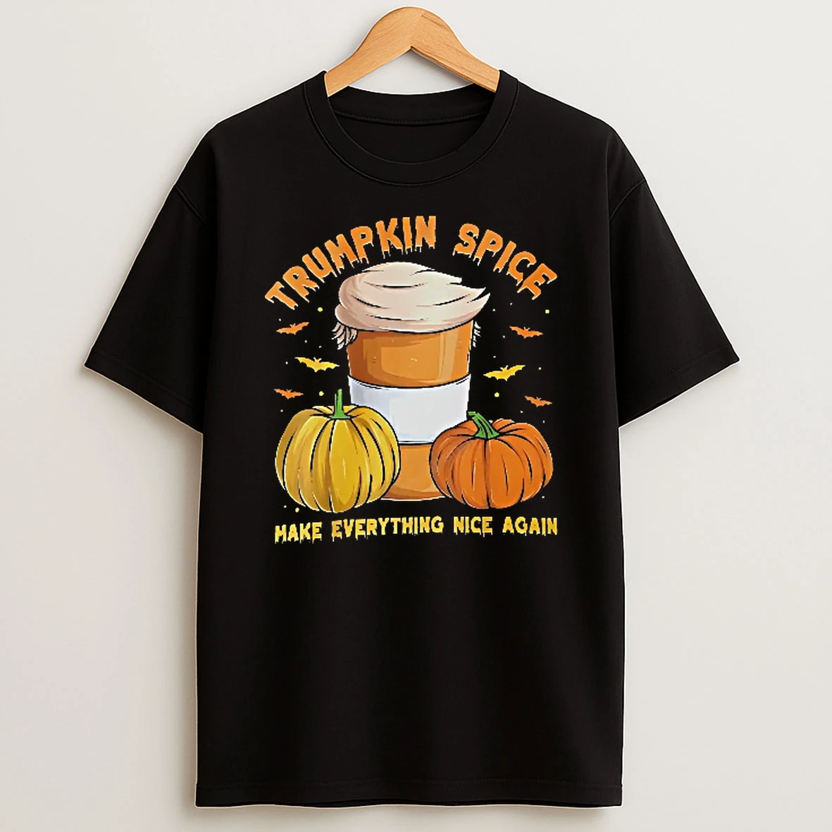 Officials Trumpkin Spice Make Everything Nice Again Whipped Cream Hair Coffee Cup Pumpkins Bats Cartoon Youth T Shirt Sweatshirt