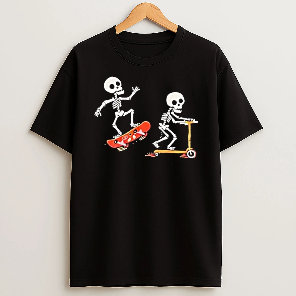 Officials Two Cartoon Skeletons Riding Orange Skateboard And Kick Scooter Mens T Shirt Sweatshirt