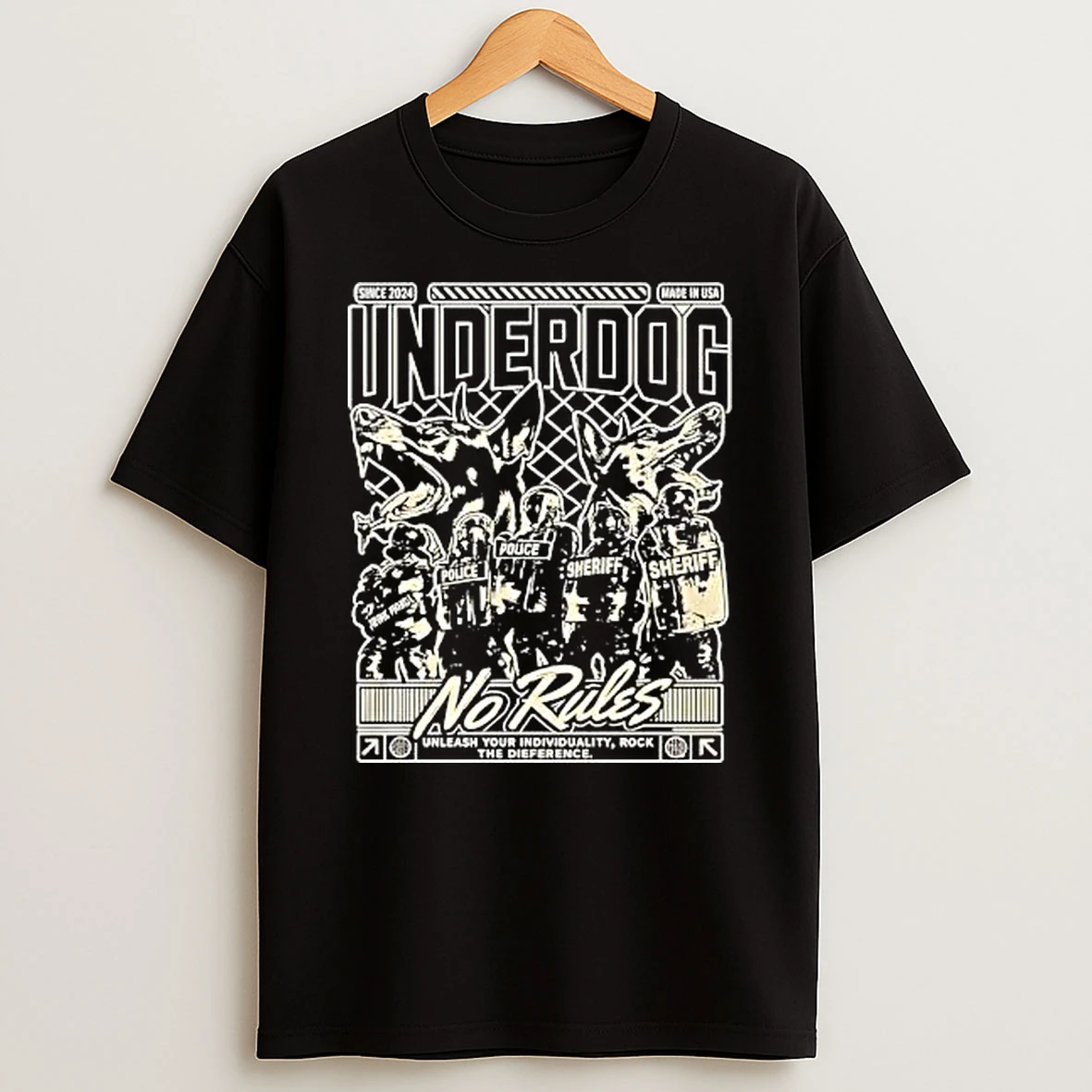 Officials Underdog Since 2024 Made In Usa No Rules Unleash Your Individuality Snarling Dogs Riot Officers Shields Premium T Shirt Sweatshirt Hoodie