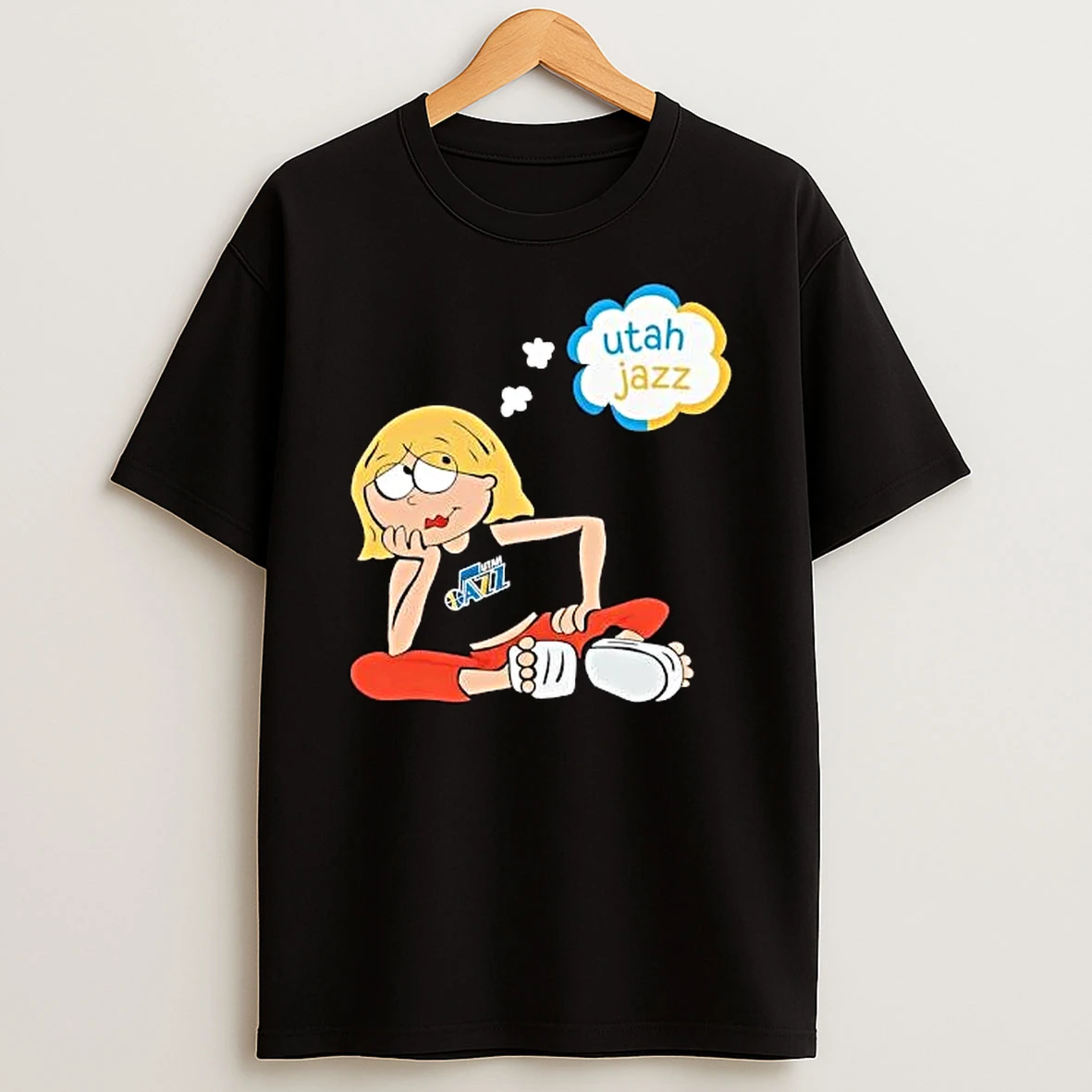 Officials Utah Jazz Nba Cartoon Blonde Girl Sitting Thinking T Shirt Sweatshirt